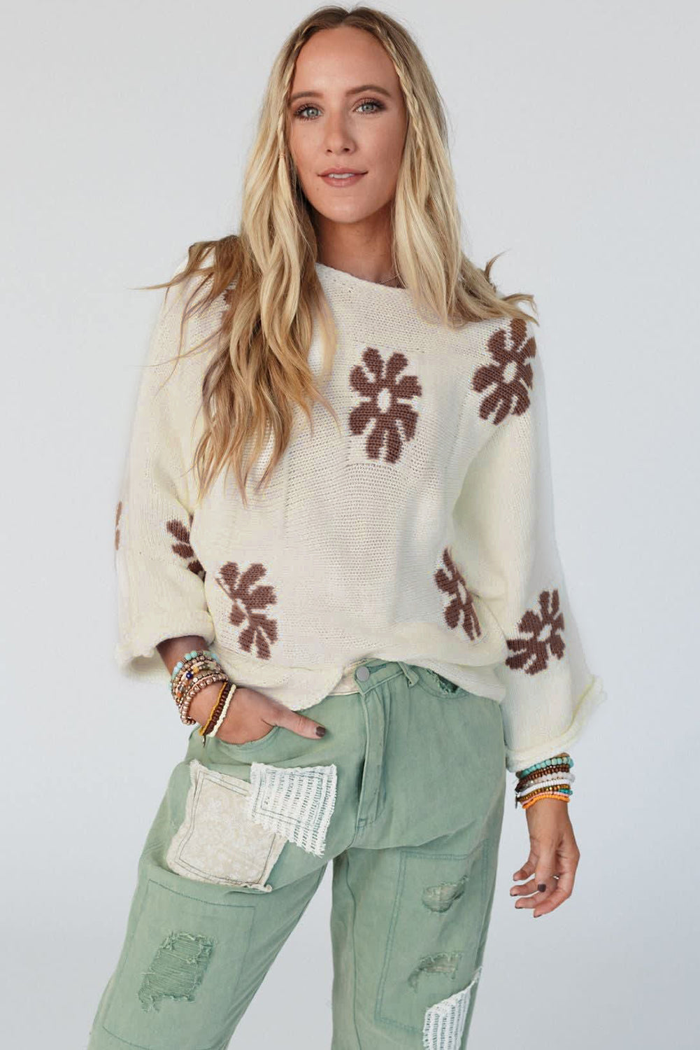 White 60s Floral Pattern Crewneck Sweater