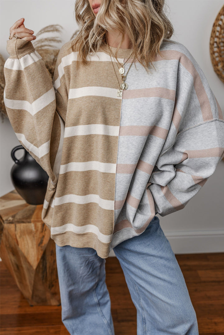 Khaki Stripe Exposed Seam Patchwork Loose Sweater