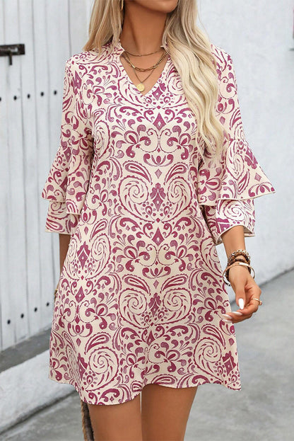 Pink Paisley Print Tiered 3/4 Sleeve Notched Neck Short Dress