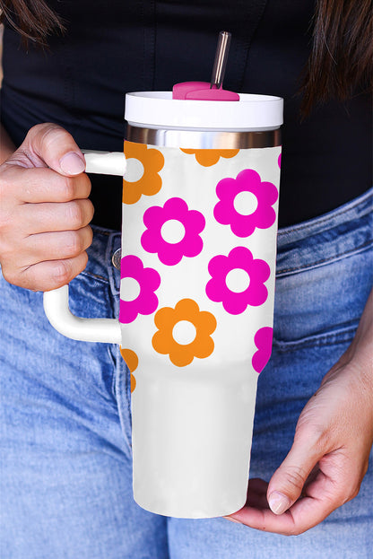 White Flower Print Handle Stainless Steel Tumbler with Straw