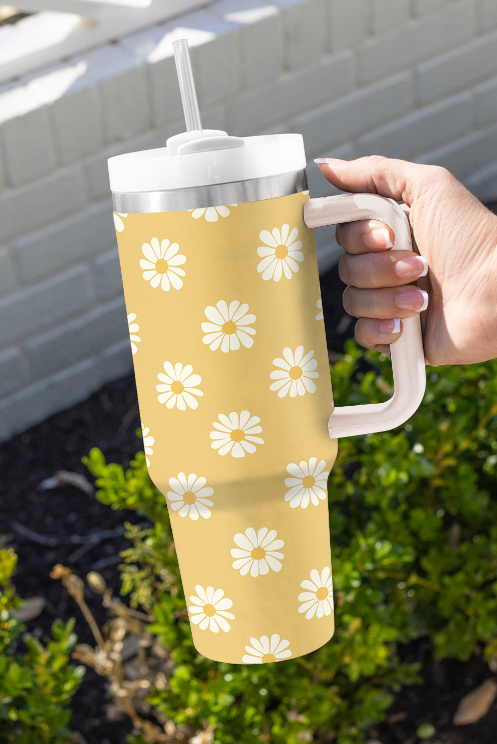 Yellow Daisy Print Handle Stainless Steel Portable Cup 1200ml