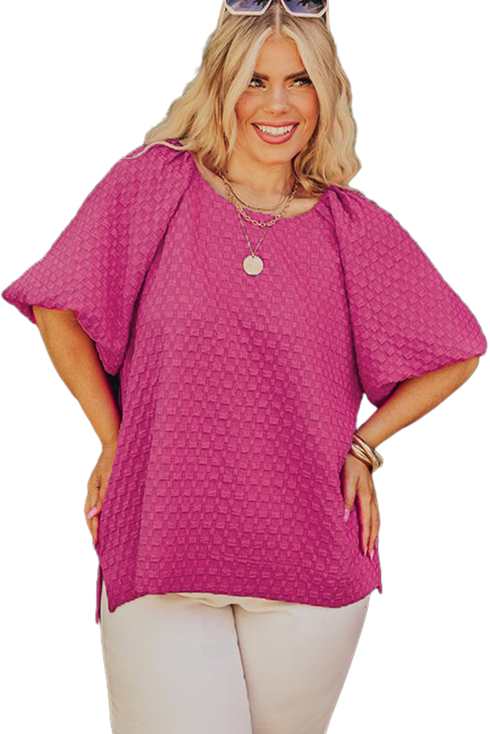 Coral Paradise Solid Textured Bubble Sleeve Plus Size Blouse