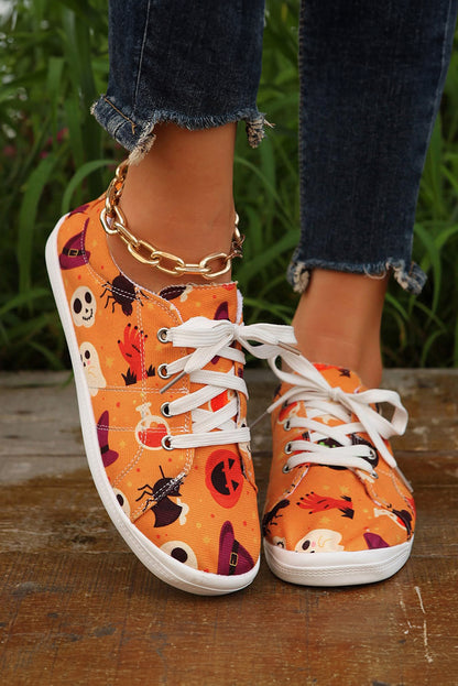 Orange Halloween Pumpkin Spider Ghost Print Sneakers