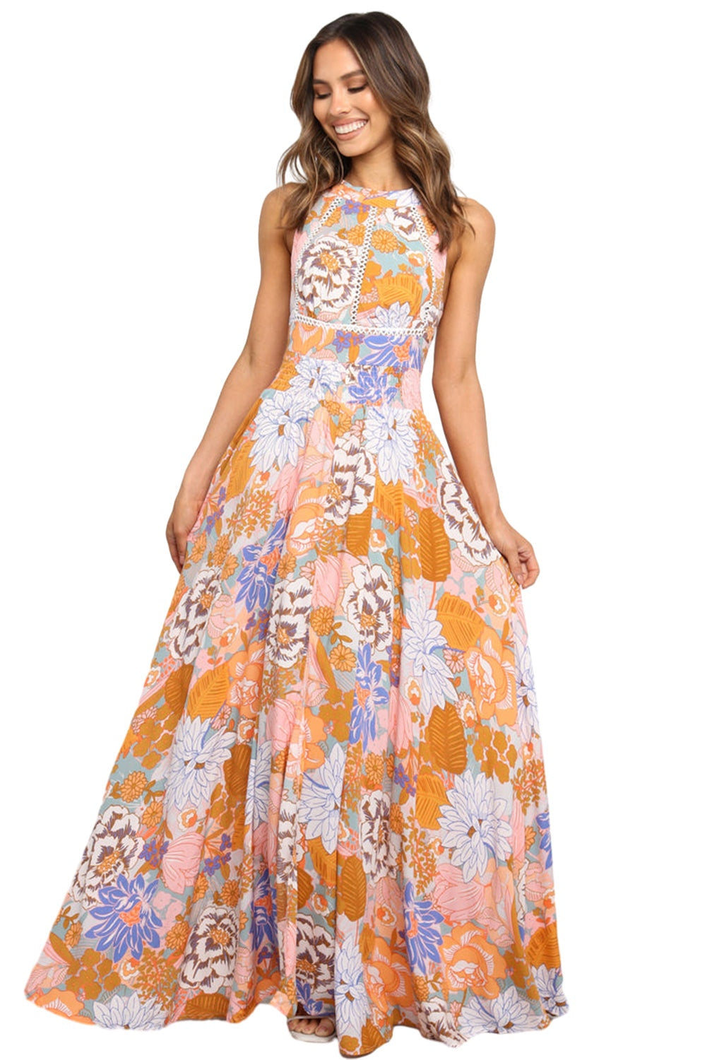 Orange Boho Floral Print Backless Lace-