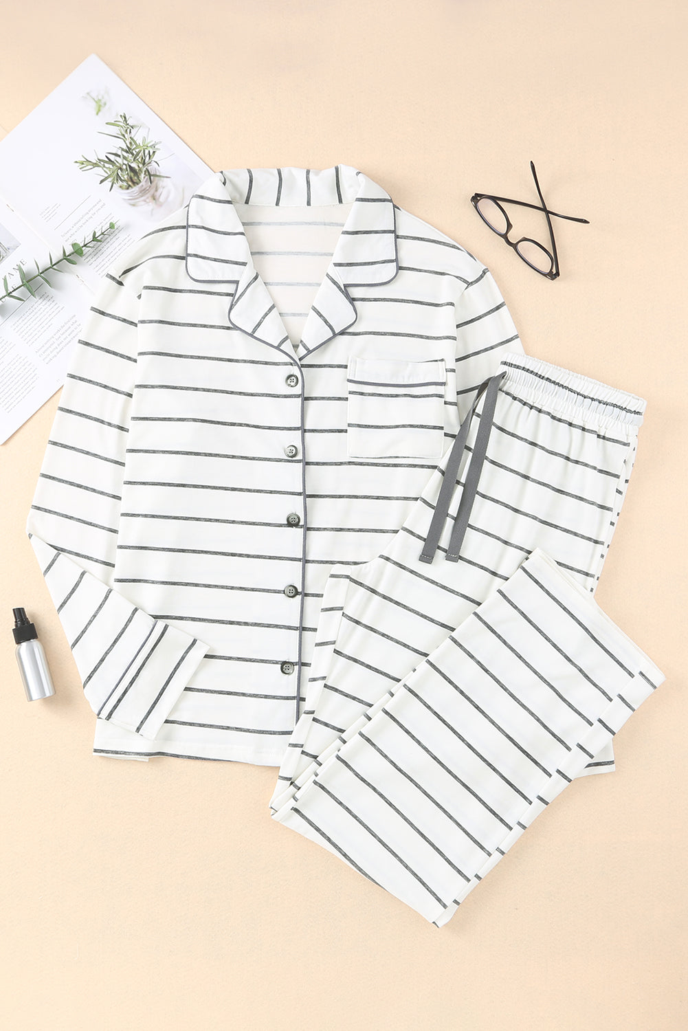 White Striped Print Long Sleeve Top & Drawstring Pants Pajamas Set