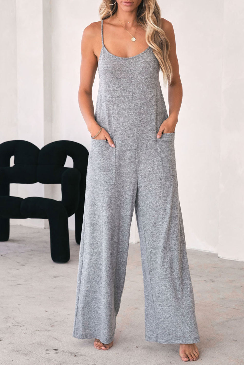 Black Loose Fit Side Pockets Spaghetti Strap Wide Leg Jumpsuit