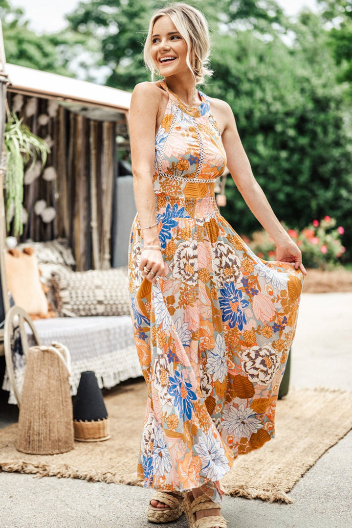 Orange Boho Floral Print Backless Lace-