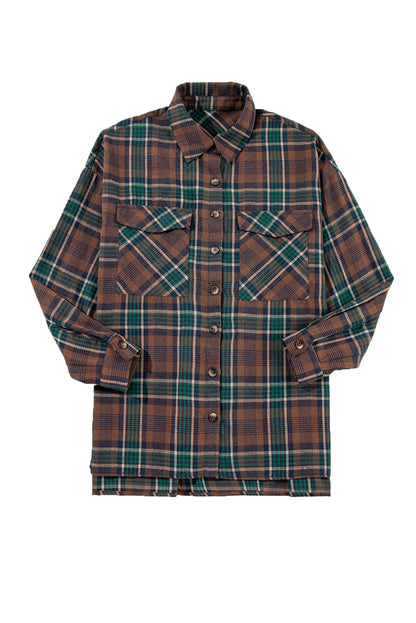 Brown Plaid Print Chest Pockets Buttoned Shacket