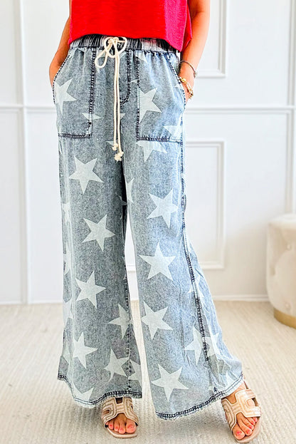 Light Blue Star Print Light Wash Drawstring High Waist Wide Leg Jeans