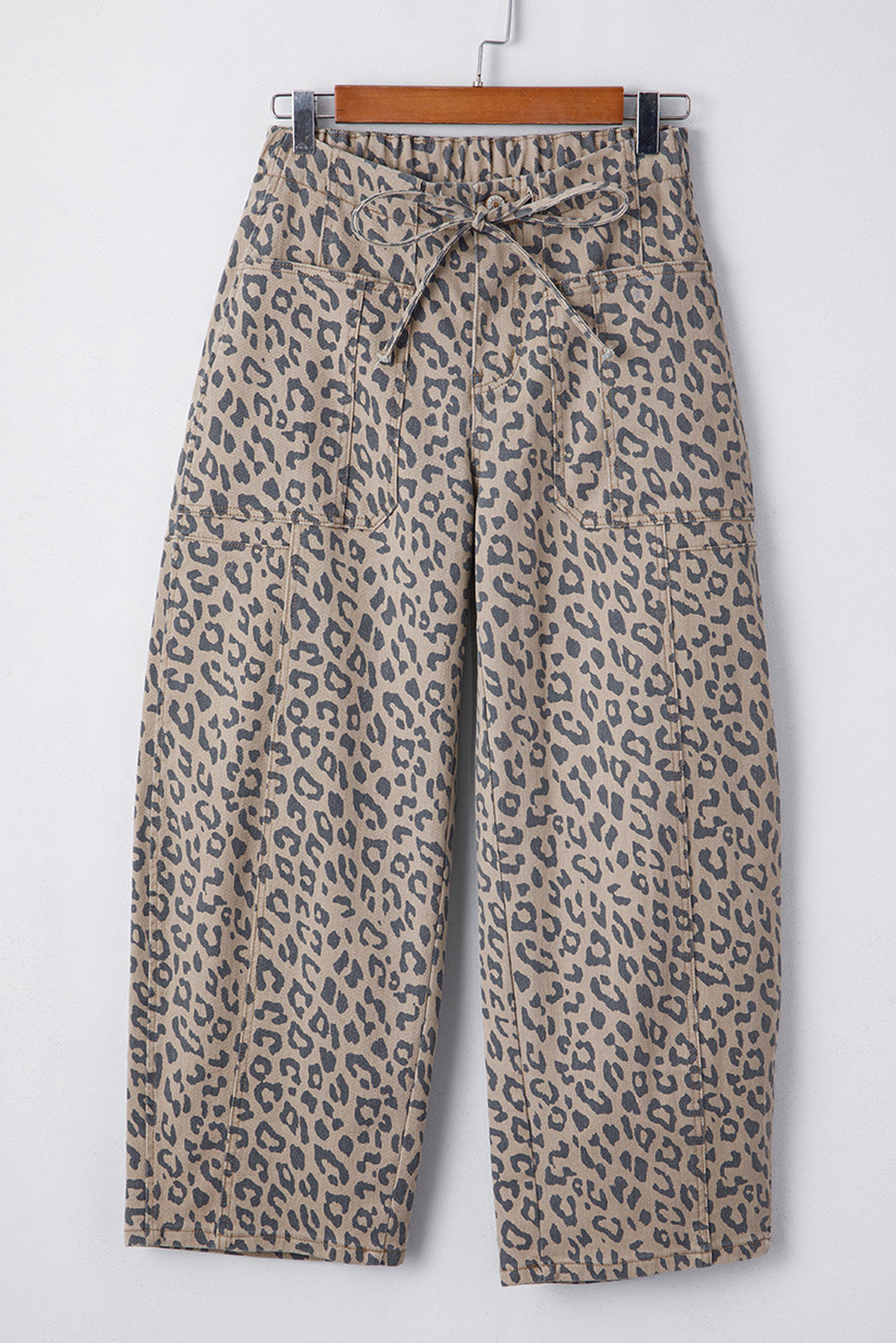 Khaki Leopard Print Drawstring Waist Pocketed Wide Leg Jeans