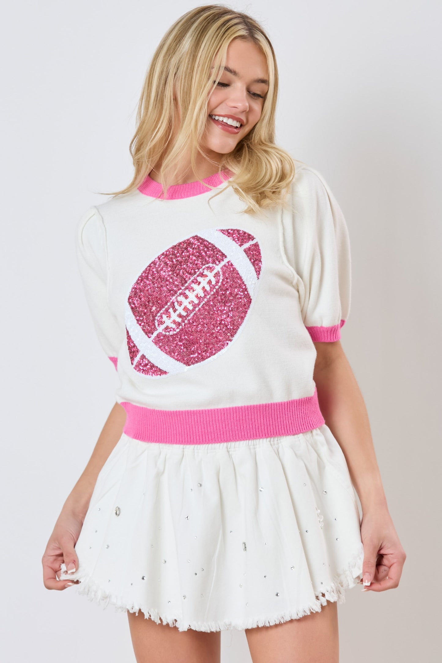 Sequin Rugby Color Block Puff Sleeve Knit Top