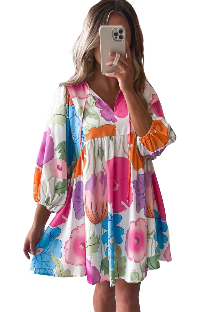 White Puff Sleeve Tied Split Neck Colorful Floral Flowy Dress