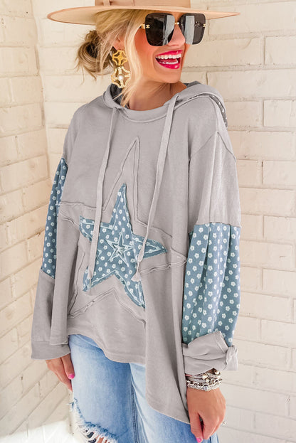 Beau Blue Floral Patchwork Star Pattern Drawstring Hoodie