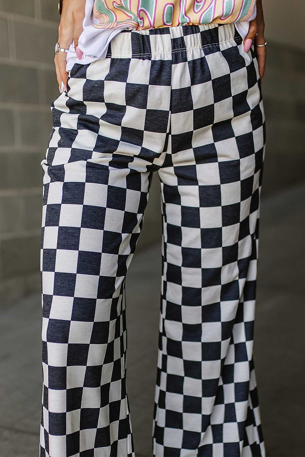 Green Checkered Print High Waist Wide Leg Pants