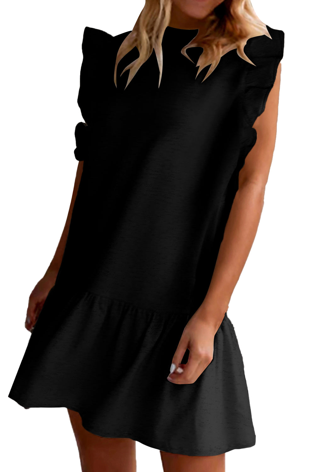 Black Solid Color Ruffle Hem Mini Dress