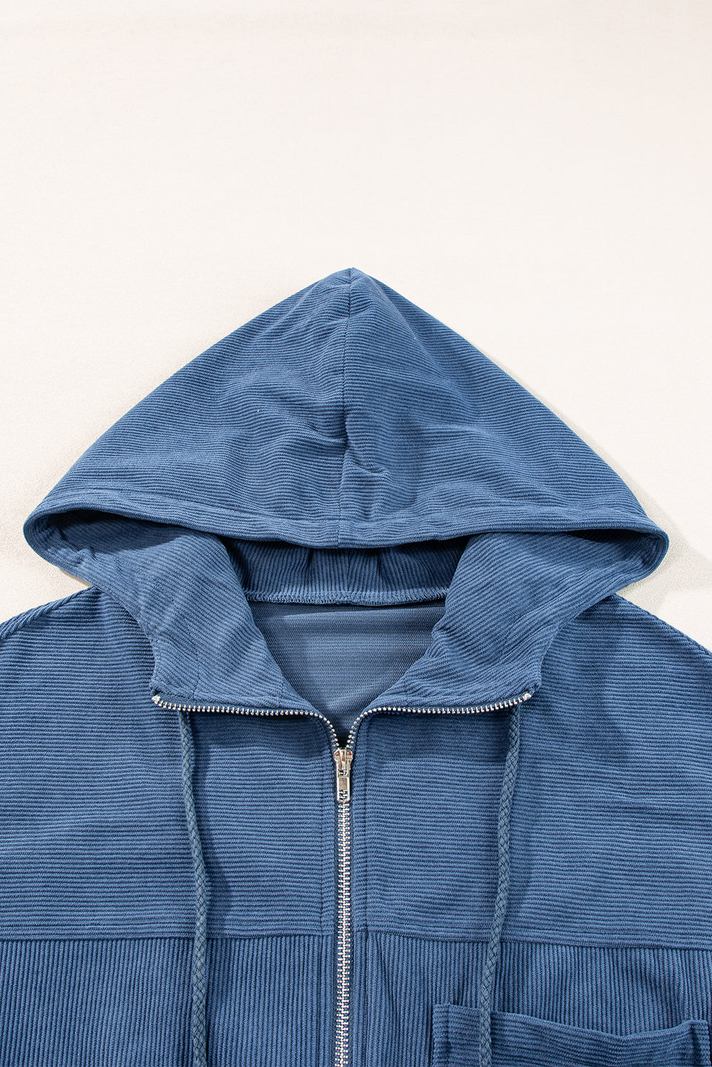 White Corduroy Drawstring Hooded Pocket Zip Up Jacket