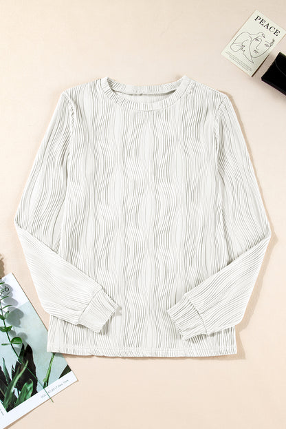 White Wavy Textured Solid Color Drop Shoulder Pullover Top