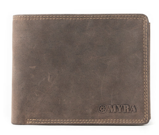 Distressed brown leather men’s bifold wallet with double-row contrast stitching; MYRA-Ridgetown Trail.