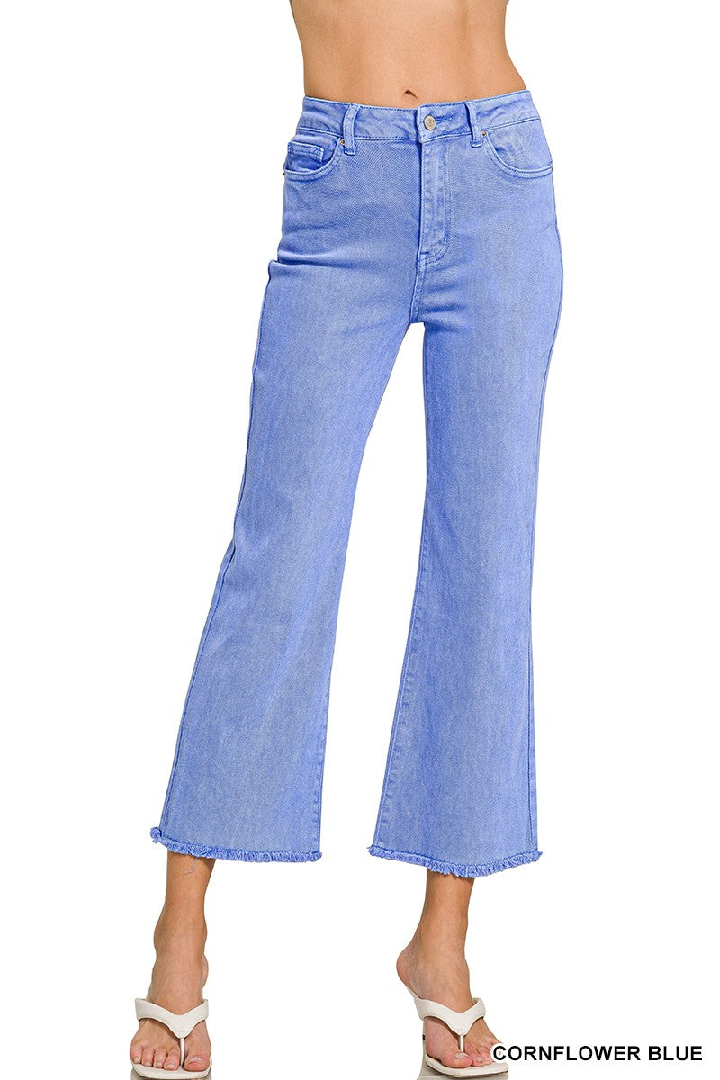 ZENANA- Acid Washed High Waist Frayed Hem Bootcut Pants