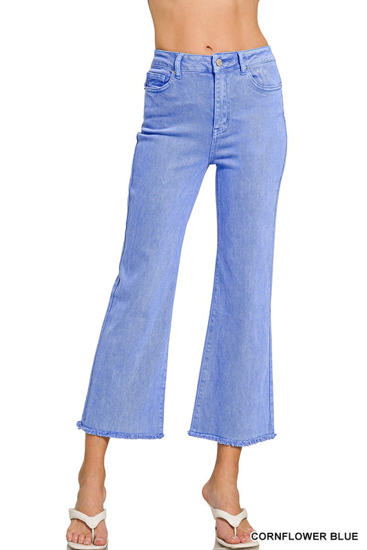 ZENANA- Acid Washed High Waist Frayed Hem Bootcut Pants