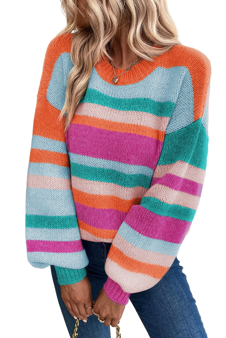 Multicolor Striped Knit Drop Shoulder Lantern Sleeve Sweater
