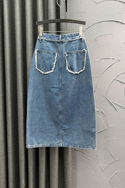 Distressed Denim Midi Skirt