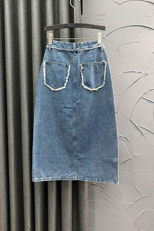 Distressed Denim Midi Skirt