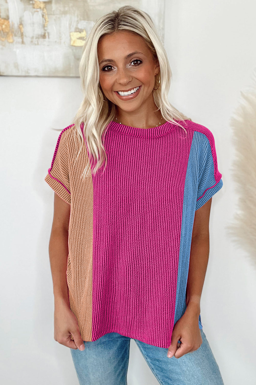 Apricot Pink Colorblock Ribbed Round Neck T Shirt