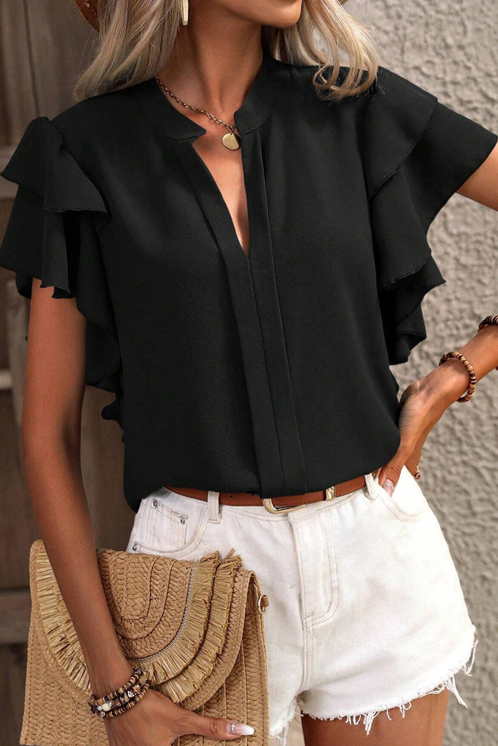 Black Solid Color V Neck Double Layer Ruffle Sleeve Blouse