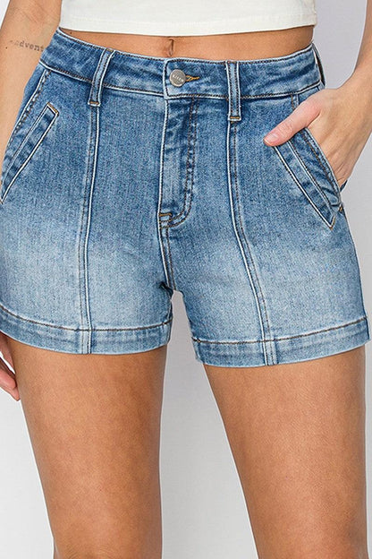 RISEN High Rise Denim Shorts front seam detail worn with casual white top