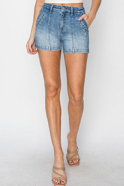 RISEN High Rise Front Seam Denim Shorts
