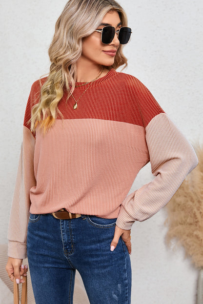 Khaki Color Block Ribbed Loose Long Sleeve Top