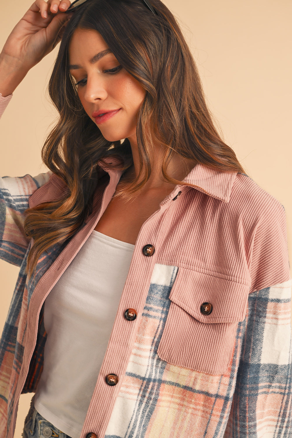 Light Pink Plaid Corduroy Patchwork Pocket Loose Shacket