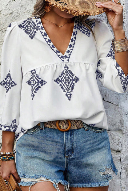 White Boho Geometric Print V Neck Plus Size Blouse