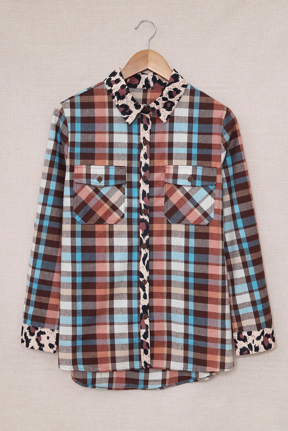 Multicolor Plaid Leopard Trim Collared Button Up Shacket