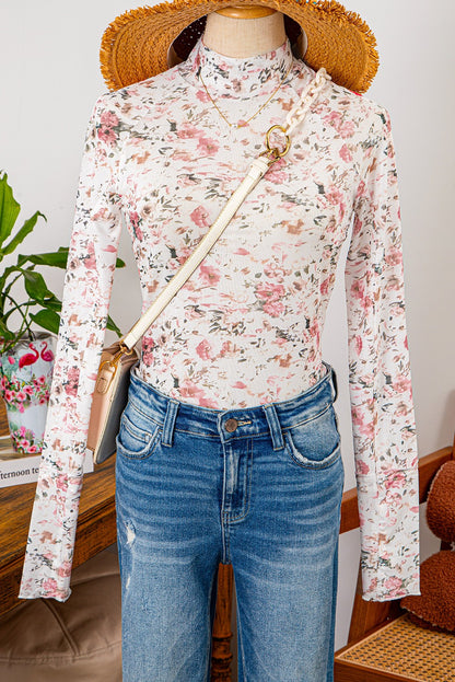 Floral Long Sleeve High Neck Sheath Mesh Top