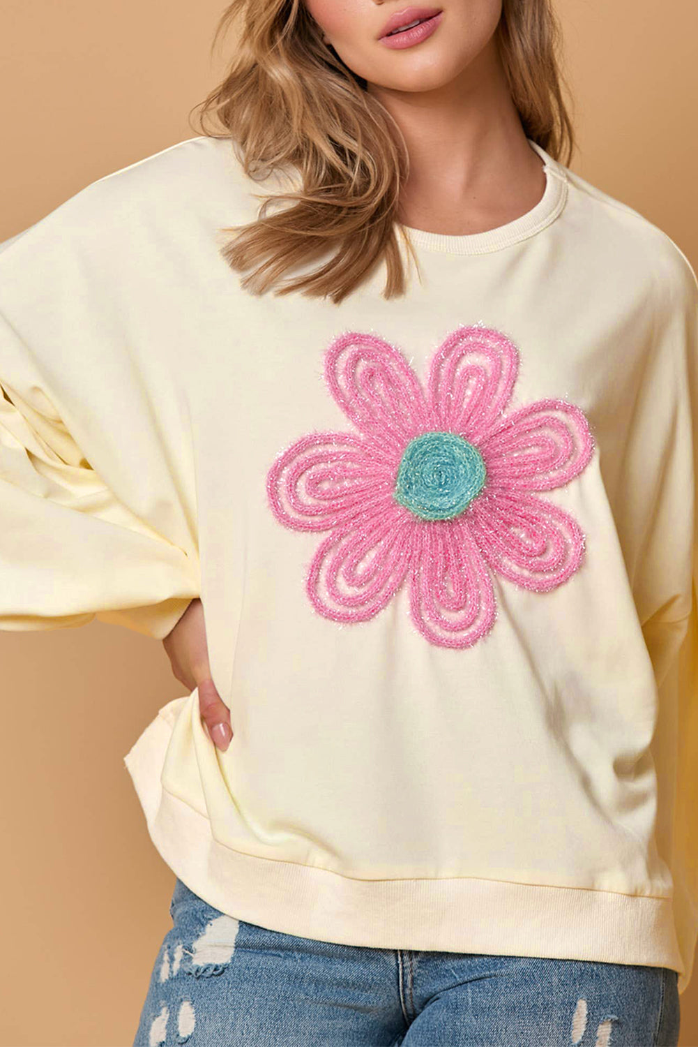 Beige Cute Tinsel Flower Puff Sleeve Sweatshirt