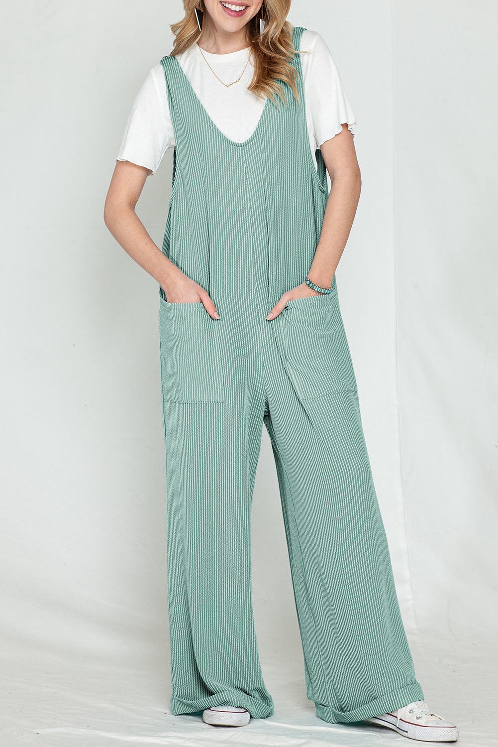 Dark Grey Green Pockets Oversized Ribbed Wide Leg Jumpsuit