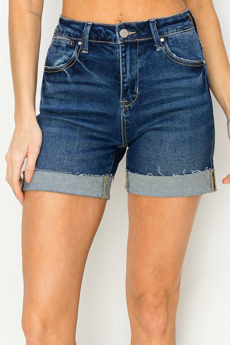 RISEN High Rise Cuffed Shorts summer casual style relaxed fit dark color