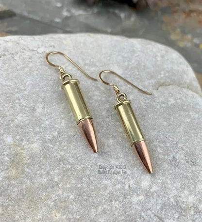 22 Caliber Bullet Dangle Earrings in Brass, Dangle Bullet Earrings, Gold plated Stainless Steel Earwires