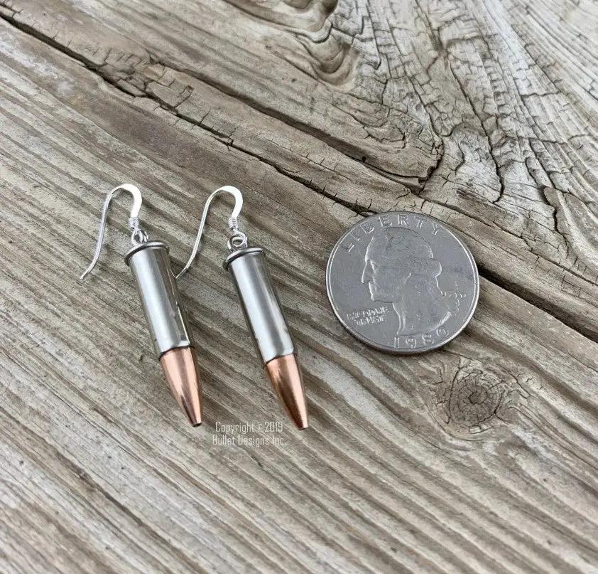22 Caliber Bullet Dangle Earrings in Nickel, Dangle Bullet Earrings, Stainless Steel Earwires, Lightweight, Trendy, Recycled, 22 Long Rifle