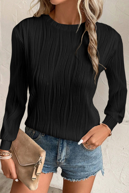 White Wavy Textured Solid Color Drop Shoulder Pullover Top