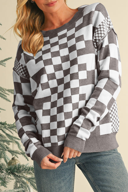 Khaki Checkered Drop Shoulder Round Neck Sweater