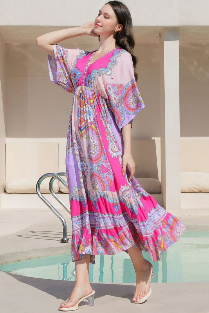 Rose Red Ethnic Print Flowy Boho Maxi Cover-up Sundress