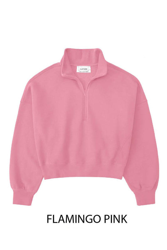 REFLEX PULLOVER- QUARTER ZIP in flamingo pink, stylish and functional pullover with a playful quarter zip design.