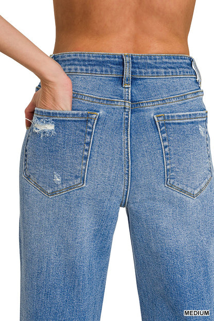 ZENANA- High Waist Straight Leg Medium Wash Denim Pants