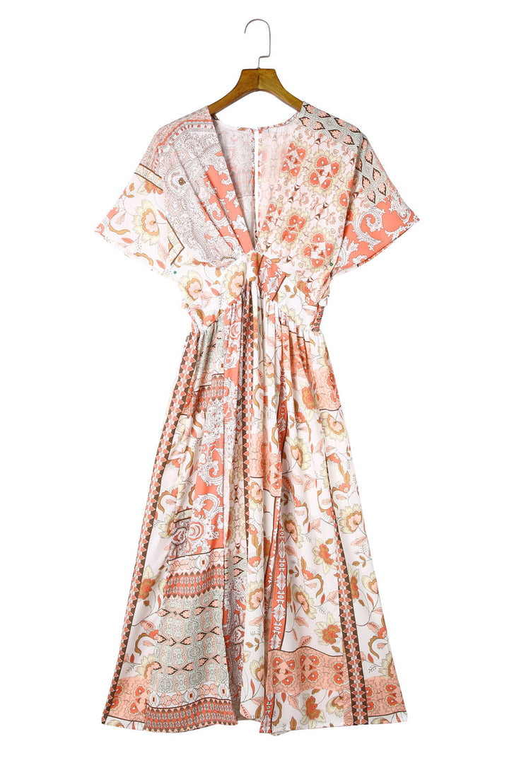 Red Boho Print Deep V Kimono Sleeves Beach Dress With Split