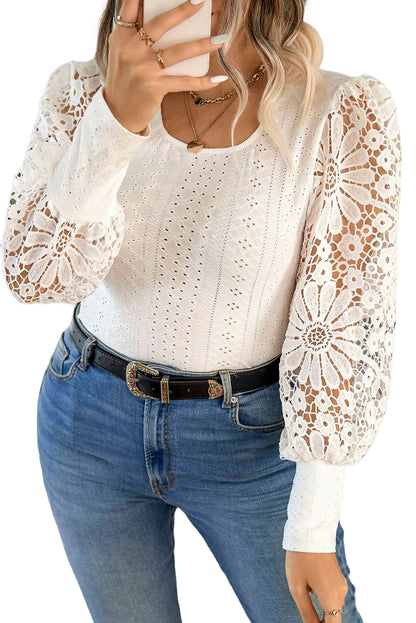 Apricot Floral Guipure Lace Puff Sleeve U Neck Eyelet Plus Size Blouse