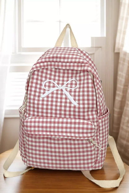 Coquette Bow Embroidered Checkered Backpack