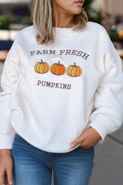 Farm Fresh Pumpkins Sweatshirt - model wearing white crewneck full view